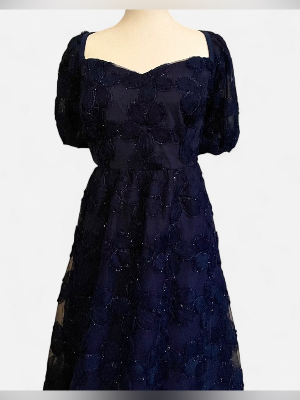 NWT EYWOL Navy Blue Floral Mesh Overlay Puff Sleeve Dress 3XL Cottagecore Formal